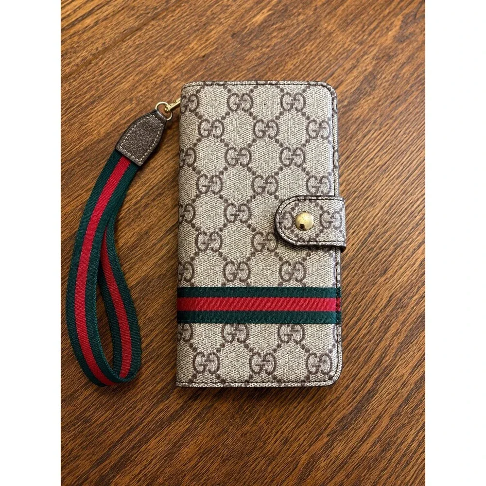Gucci Designer GG Monogram Phone Wallet Case Mirror Card Holder Wristlet Beige